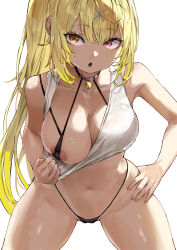Rule 34 | 1girl, absurdres, areola slip, bare arms, black bra, black panties, blonde hair, bra, breasts, choker, clothes pull, collarbone, commentary request, covered erect nipples, hair ornament, heterochromia, highleg, highleg panties, highres, hoshikawa sara, hoshikawa sara (1st costume), kuroi suna, large breasts, leaning forward, long hair, looking at viewer, navel, nijisanji, open mouth, orange eyes, panties, partial commentary, red eyes, side ponytail, solo, tank top, underwear, virtual youtuber, white background, white tank top, x hair ornament