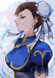 Rule 34 | 1girl, blue dress, brown eyes, brown hair, bun cover, capcom, china dress, chinese clothes, chun-li, double bun, dress, earrings, eyeliner, hair bun, highres, jewelry, levvellevvel, looking at viewer, profile, puffy short sleeves, puffy sleeves, red eyeliner, short sleeves, street fighter, street fighter ii (series)