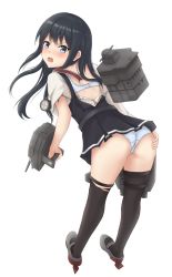 Rule 34 | 1girl, asashio (kancolle), ass, ass grab, asymmetrical sleeves, belt, bent over, black dress, black hair, black thighhighs, blue bra, blue eyes, blue panties, blush, bra, commentary request, dress, from behind, full body, hand on own ass, highres, holding, k jie, kantai collection, long hair, looking at viewer, looking back, machinery, open mouth, panties, pinafore dress, rudder footwear, searchlight, shirt, simple background, sleeveless, sleeveless dress, solo, thigh strap, thighhighs, torn clothes, torn dress, torn shirt, torn sleeves, torn thighhighs, turret, underwear, uneven sleeves, v-shaped eyebrows, white background