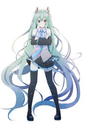 Rule 34 | 1girl, absurdly long hair, absurdres, aqua hair, black thighhighs, crossed arms, detached sleeves, frown, full body, hair ornament, hatsune miku, highres, kazenoko, long hair, looking at viewer, loose necktie, necktie, pleated skirt, red eyes, shirt, simple background, skirt, solo, standing, thighhighs, twintails, very long hair, vocaloid, white background, wind, wind lift, zettai ryouiki