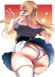 Rule 34 | 1girl, :d, absurdres, ass, bare shoulders, blonde hair, blue eyes, blush, breasts, butt crack, colored skin, cowboy shot, fang, female pubic hair, from behind, half-closed eyes, heavy breathing, highres, hinnyuu-chan (iku), huge ass, ikuchan kaoru, long hair, multicolored skin, off shoulder, open mouth, original, panties, pleated skirt, pubic hair, pubic hair peek, scan, shirt, short sleeves, sidelocks, simple background, skindentation, skirt, small breasts, smile, solo, star (symbol), striped clothes, striped shirt, sweat, thick thighs, thighhighs, thighs, twintails, underwear, upskirt, v, white background, white panties, white skirt, white thighhighs, wind, wind lift