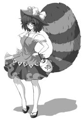 Rule 34 | 1girl, animal ears, bell, bow, dress, full body, futatsuiwa mamizou, glasses, gourd, greyscale, hand on own hip, hat, hat bow, jingle bell, leaf, leaf on head, looking at viewer, mazume, monochrome, pince-nez, raccoon ears, raccoon tail, sandals, short hair, smile, solo, tail, tanuki, touhou