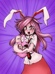 Rule 34 | 1girl, animal ears, clenched teeth, collared shirt, commentary request, courage (character), courage the cowardly dog, cowboy shot, crossover, crying, crying with eyes open, dog, eyes visible through hair, highres, long hair, looking at viewer, morph426, necktie, open mouth, pink hair, purple background, rabbit ears, rabbit girl, red eyes, red necktie, red skirt, reisen udongein inaba, shirt, short sleeves, skirt, tears, teeth, touhou, very long hair, white shirt