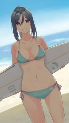 Rule 34 | 1girl, absurdres, aqua bikini, bad id, bad pixiv id, beach, bikini, blue hair, blue sky, breasts, cleavage, collarbone, commentary, commentary request, cowboy shot, dutch angle, english commentary, highres, holding, holding surfboard, irenji, long hair, looking at viewer, love live!, love live! sunshine!!, matsuura kanan, medium breasts, mixed-language commentary, ocean, outdoors, parted lips, ponytail, purple eyes, side-tie bikini bottom, sky, smile, solo, surfboard, swimsuit