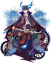 Rule 34 | 1boy, ao no exorcist, black hair, blue eyes, boots, flower, gears, highres, isago (ica), male focus, md5 mismatch, necktie, okumura rin, pointy ears, sitting, solo, spider lily, striped necktie, striped neckwear, sword, tail, weapon