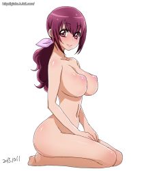 Rule 34 | 1girl, bad id, bad pixiv id, barefoot, breasts, dated, ginko (silver fox), hoshizora ikuyo, large breasts, looking at viewer, mature female, navel, nipples, nude, precure, purple eyes, purple hair, seiza, simple background, sitting, smile, smile precure!, solo, white background