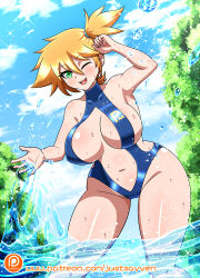 Rule 34 | 1girl, adapted costume, asymmetrical hair, bare arms, bare legs, blush, breasts, covered collarbone, creatures (company), curvy, game freak, green eyes, gym leader, highres, huge breasts, large breasts, legs, looking at viewer, misty (pokemon), navel, nintendo, one eye closed, open mouth, orange hair, paid reward available, pokemon, pokemon: the electric tale of pikachu, ponytail, short hair, side ponytail, smile, solo, swimsuit, thick thighs, thighs, wading, water, wet, wide hips, yensh