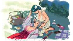 Rule 34 | 2girls, absurdres, bare shoulders, box, box of chocolates, breasts, bug, butterfly, chocolate, cleavage, cross, cross earrings, cross necklace, day, dress, earrings, elf, feeding, flower, food, grass, green dress, green hair, hair flower, hair ornament, hakama, hakama skirt, highres, huge breasts, insect, japanese clothes, jewelry, katana, lap pillow, large breasts, long dress, long pointy ears, lying, miko, mouth hold, multiple girls, necklace, no bra, no socks, on back, on floor, open shoes, outdoors, picnic basket, pocky, pointy ears, pudding, red hakama, ryoji (nomura ryouji), sandals, saucer, shade, sheath, sheathed, shiny skin, sideboob, skirt, smile, sword, weapon