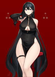 Rule 34 | 1girl, arm behind back, arm up, black dress, black gloves, black hair, breasts, china dress, chinese clothes, cleavage, cleavage cutout, closed eyes, clothing cutout, dress, earrings, elbow gloves, gloves, hair between eyes, hand in own hair, hayabusa, highres, jewelry, large breasts, long hair, mole, mole under eye, mole under mouth, original, pelvic curtain, purple eyes, red background, signature, simple background, single earring, sleeveless, sleeveless dress, solo, stool, thigh strap, thighs, underboob, underboob cutout, very long hair