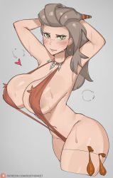 Rule 34 | 1girl, areola slip, armpits, arms up, blush, bob (bobtheneet), breasts, brown hair, closed mouth, collar, condom, condom belt, cowboy shot, creatures (company), earrings, elijahzx, game freak, green eyes, grey background, highres, jewelry, large breasts, long hair, looking at viewer, navel, nintendo, pokemon, pokemon sv, sada (pokemon), simple background, slingshot swimsuit, solo, standing, sweat, swimsuit, used condom