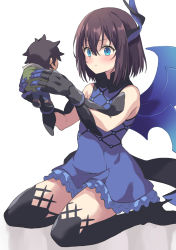 Rule 34 | 1girl, bare shoulders, black footwear, black gloves, blue dress, blue eyes, blue wings, blush, boots, brown hair, closed mouth, commentary request, dragon girl, dragon horns, dragon tail, dress, engage kiss, frilled dress, frills, gloves, hair between eyes, high heel boots, high heels, highres, holding, horns, ogata kanna (engage kiss), ogata shuu, rasahan, revision, shadow, single horn, single wing, sitting, sleeveless, sleeveless dress, tail, thigh boots, wariza, white background, wings