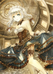 Rule 34 | 1girl, acrylic paint (medium), alternate costume, bad id, bad pixiv id, bare arms, bare shoulders, belt, blue eyes, braid, breasts, cleavage, clothes lift, corset, cupola, detached collar, dress, frilled skirt, frills, gears, hair ribbon, holster, indoors, izayoi sakuya, keiko (mitakarawa), knife, layered skirt, looking at viewer, maid headdress, painting (medium), parted lips, ribbon, short hair, skirt, skirt lift, small breasts, smile, solo, strapless, strapless dress, touhou, traditional media, tress ribbon, twin braids, watercolor (medium), white hair, window, wrist cuffs
