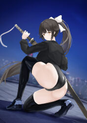 Rule 34 | 1girl, absurdres, ass, azur lane, black footwear, black leotard, black shirt, black thighhighs, breasts, brown eyes, brown hair, cityscape, fighting stance, from behind, full body, hair ribbon, highres, holding, holding sheath, holding sword, holding weapon, katana, kneeling, large breasts, leotard, loafers, long hair, looking at viewer, looking back, ready to draw, ribbon, scabbard, school uniform, sheath, shirt, shoes, solo, suo bu ye feng, sword, takao (azur lane), thighhighs, thighs, weapon, white ribbon