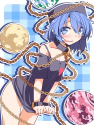 Rule 34 | 1girl, bare shoulders, black shirt, blue background, blue eyes, blue hair, blush, bottomless, chain, checkered background, choker, clothes pull, collarbone, earth (ornament), hat, heart, hecatia lapislazuli, hecatia lapislazuli (earth), hemogurobin a1c, looking at viewer, matching hair/eyes, moon (ornament), off shoulder, open mouth, shirt, shirt pull, short hair, short sleeves, solo, standing, teardrop, tears, thigh gap, touhou, wavy mouth, wrist cuffs