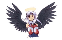 Rule 34 | 1girl, aquaplus, arms up, black wings, feathered wings, gloves, halo, hands on own chest, headband, large wings, leotard, mutsumi (utawarerumono), parted bangs, parted lips, red eyes, short hair with long locks, sidelocks, signature, silver hair, sleeveless, solo, upper body, utawarerumono, wings