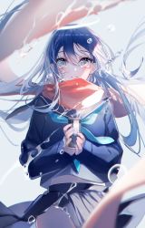 Rule 34 | 1girl, blue hair, blue shirt, blue skirt, blurry, blurry foreground, blush, breasts, bubble, grey eyes, highres, holding, blue background, long hair, long scarf, long sleeves, looking at viewer, medium breasts, miwano rag, open mouth, original, pleated skirt, red scarf, scarf, school uniform, shirt, simple background, skirt, solo, standing