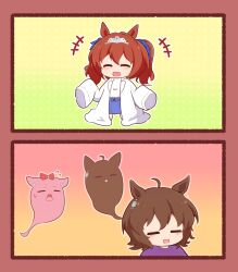 Rule 34 | +++, 3girls, = =, adapted costume, aged down, agnes digital (umamusume), agnes tachyon (umamusume), ahoge, alternate hair length, alternate hairstyle, animal ears, blue skirt, bow, brown hair, casual, child, comic, commentary, daiwa scarlet (umamusume), doting parent, earrings, flying sweatdrops, ghost, giving up the ghost, gomashio (goma feet), gradient background, green background, hair bow, hair intakes, horse ears, horse girl, jewelry, lab coat, long sleeves, medium hair, multiple girls, open mouth, outline, oversized clothes, pink background, red bow, silent comic, single earring, skirt, sleeves past fingers, sleeves past wrists, so moe i&#039;m gonna die!, tiara, twintails, umamusume, yellow background