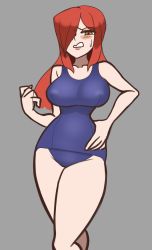 Rule 34 | 1girl, blush, breasts, furrowed brow, grey background, hair over one eye, hand on own hip, highres, large breasts, long hair, one-piece swimsuit, parasoul (skullgirls), red hair, samutora mike, skullgirls, sweatdrop, swimsuit, tagme