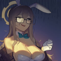 Rule 34 | 1girl, akane (blue archive), akane (bunny) (blue archive), animal ears, black-framed eyewear, blue archive, blue bow, blush, boa (brianoa), bow, breasts, brown eyes, cleavage, detached collar, fake animal ears, glasses, gloves, hair between eyes, halo, highres, large breasts, leotard, light brown hair, long hair, official alternate costume, open mouth, rabbit ears, solo, strapless, strapless leotard, twitter username, upper body, white gloves, white leotard, yellow halo