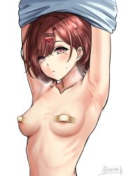 Rule 34 | 1girl, areola slip, armpits, arms up, asarime, bandaid, bandaids on nipples, blue shirt, blush, breasts, brown hair, closed mouth, clothes lift, collarbone, commentary request, hair ornament, hairclip, highres, higuchi madoka, idolmaster, idolmaster shiny colors, lifting own clothes, looking at viewer, mole, mole under eye, nude, pasties, purple eyes, resolution mismatch, shirt, shirt lift, short hair, signature, simple background, small breasts, solo, source smaller, sweat, undressing, upper body, white background