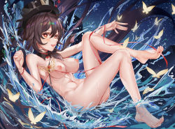 Rule 34 | 1girl, :d, artist name, barefoot, black headwear, bracelet, breasts, brown hair, bug, butterfly, detached collar, flower-shaped pupils, full body, genshin impact, hair between eyes, highres, hu tao (genshin impact), insect, jewelry, knee up, large breasts, leg up, long hair, looking at viewer, navel, nipples, nude, open mouth, red eyes, smile, solo, splashing, symbol-shaped pupils, those girls, v-shaped eyebrows, very long hair, water, wet