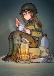 Rule 34 | ankle boots, beans, boots, box, brown eyes, brown hair, can, candy, canteen, cookie, eating, erica (naze1940), food, gaiters, grass, helmet, highres, long hair, mess kit, military, military uniform, on box, original, sitting, sitting on box, soldier, solo, spoon, steam, uniform, world war ii