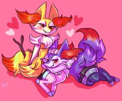 Rule 34 | alternate color, animal ear fluff, animal nose, black legwear, blush, braixen, brown eyes, commentary, creature, creatures (company), english commentary, fang, flufflixx, full body, furry, game freak, gen 6 pokemon, hand on another&#039;s head, heart, lying, nintendo, on lap, on side, pink background, pink legwear, pokemon, pokemon (creature), pokemon on lap, shadow, shiny pokemon, signature, simple background, sitting, smirk, snout, star (symbol), stick, thighhighs
