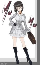 Rule 34 | 10s, 1girl, artist name, black eyes, black footwear, black gloves, black hair, boots, briefcase, bukkuri, character name, closed mouth, contrapposto, cross-laced footwear, dated, dress, floral print, full body, girls und panzer, gloves, gothic lolita, grey dress, hand on own hip, head tilt, high heel boots, high heels, highres, holding, kawashima momo, layered dress, light smile, lolita fashion, long sleeves, looking at viewer, medium dress, monocle, neck ribbon, print dress, ribbon, romaji text, short hair, signature, solo, standing