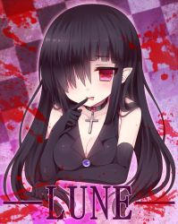 Rule 34 | 1girl, :p, bad id, bad pixiv id, black hair, blood, breasts, choker, cleavage, cross, elbow gloves, finger to mouth, gloves, hair over one eye, original, pointy ears, red eyes, solo, tongue, tongue out, tsukikage nemu
