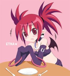 Rule 34 | 00s, 1girl, character name, demon, demon girl, demon tail, demon wings, disgaea, etna (disgaea), fork, makai senki disgaea, makai senki disgaea 2, nippon ichi, pink background, plate, red hair, solo, tail, twintails, wings