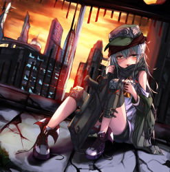 Rule 34 | 1girl, assault rifle, black shorts, blue hair, blush, broken glass, bullpup, candy, caseless firearm, chocolate, chocolate bar, closed mouth, cloud, dutch angle, eating, flat cap, food, full body, g11 (girls&#039; frontline), girls&#039; frontline, glass, green hat, green jacket, gun, h&amp;k g11, hair between eyes, hat, head tilt, holding, holding food, horizontal magazine, indoors, jacket, knee pads, long hair, looking at viewer, off shoulder, personification, prototype design, rifle, roon (ddeer2010), scarf, scenery, shirt, shoes, shorts, sitting, sky, solo, sunset, untied footwear, very long hair, weapon, white shirt, yellow eyes