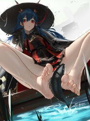 Rule 34 | 1girl, anming, arknights, bare legs, barefoot, black cloak, black dress, blue hair, ch&#039;en (arknights), ch&#039;en the holungday (arknights), ch&#039;en the holungday (ten thousand mountains) (arknights), cloak, dress, dutch angle, feet, fish, foot focus, holding with feet, hair between eyes, hat, highres, legs, long hair, looking at viewer, parted lips, red eyes, signature, sitting, soles, solo, toenails, toes, water, wet