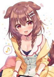 Rule 34 | 1girl, :3, :d, animal ears, blush, bone hair ornament, braid, breasts, brown hair, choker, cleavage, collarbone, commentary, cowboy shot, dog ears, dog girl, dog tail, dress, ear wiggle, fangs, glint, hair between eyes, hair ornament, hololive, inugami korone, inugami korone (1st costume), jacket, looking at viewer, medium breasts, medium hair, musical note, nintendo switch, off shoulder, open mouth, red choker, red eyes, side braids, simple background, sleeveless, sleeveless dress, smile, solo, sparkle, spoken musical note, sumisaki yuzuna, tail, twin braids, virtual youtuber, white background, white dress, wristband, yellow jacket