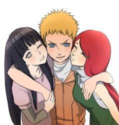 Rule 34 | 1boy, 2girls, :t, absurdres, arms around neck, black hair, blonde hair, blue eyes, blush, family, girl sandwich, highres, husband and wife, hyuuga hinata, j88818541, long hair, mother and son, multiple girls, naruto: the last, naruto (series), one eye closed, open mouth, red hair, sandwiched, short hair, simple background, smile, uzumaki kushina, uzumaki naruto, white background, white eyes