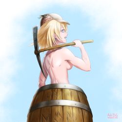 Rule 34 | adi b.g., blonde hair, blue background, blue eyes, breasts, dated, deerstalker, getting over it, hat, highres, holding, holding pickaxe, hololive, hololive english, in barrel, looking at viewer, looking back, medium breasts, muscular, muscular female, nude, pickaxe, signature, smile, solo, virtual youtuber, watson amelia