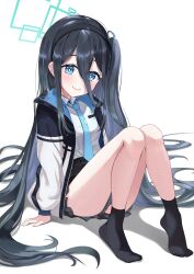 Rule 34 | 1girl, absurdly long hair, absurdres, aris (blue archive), black hair, black hairband, black skirt, black socks, blue archive, blue eyes, blue hair, blue necktie, closed mouth, collared shirt, colored inner hair, commentary request, full body, green halo, guruguruming, hair between eyes, hairband, halo, head tilt, highres, jacket, long bangs, long hair, looking at viewer, multicolored hair, necktie, no shoes, open clothes, open jacket, pleated skirt, reclining, rectangular halo, ringed eyes, shirt, shirt tucked in, simple background, skirt, smile, socks, solo, two-sided fabric, two-sided jacket, very long hair, white background, white jacket, white shirt