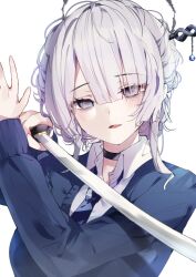 Rule 34 | 1girl, absurdres, bags under eyes, black choker, blazer, blue jacket, blue necktie, choker, collared shirt, commentary request, eyes visible through hair, grey eyes, grey hair, hair ornament, hair over one eye, hair stick, halo, highres, holding, holding sword, holding weapon, itokonoue kaoru, jacket, looking at viewer, necktie, project kv, shigureszku, shirt, smile, solo, sword, weapon, white shirt