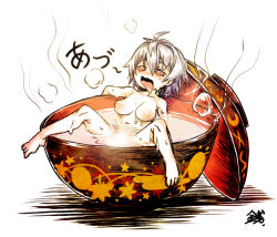 Rule 34 | 1girl, ahoge, alternate breast size, bowl, breasts, bright pupils, commentary request, completely nude, hat, unworn hat, unworn headwear, highres, medium breasts, nipples, nude, open mouth, partially submerged, purple eyes, purple hair, sentarou, simple background, solo, steam, sukuna shinmyoumaru, sweat, tongue, tongue out, touhou, water, wet, white background
