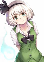 Rule 34 | &gt;:), 1girl, aqua eyes, arms behind back, black bow, black bowtie, black hairband, black ribbon, bob cut, bow, bowtie, breasts, cleavage, commentary request, green skirt, green vest, hair between eyes, hair ribbon, hairband, hitodama, konpaku youmu, konpaku youmu (ghost), looking at viewer, medium breasts, noe noel, pleated skirt, ribbon, shirt, short hair, short sleeves, silver hair, simple background, skirt, smile, solo, touhou, upper body, v-shaped eyebrows, vest, white background, white shirt