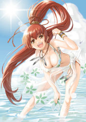 Rule 34 | 1girl, bent over, bikini, bracelet, breasts, brown hair, cleavage, day, jewelry, large breasts, long hair, ponytail, see-through, see-through sarong, solo, swimsuit, very long hair, water, yellow eyes, yuu (yuyukaikan)