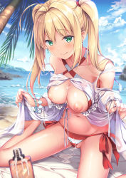 Rule 34 | 1girl, ahoge, bare shoulders, beach, bead bracelet, beads, bikini, blonde hair, blush, bracelet, breasts, breasts out, collarbone, criss-cross halter, day, dress, earrings, fate/grand order, fate (series), gown, green eyes, hair intakes, halterneck, jewelry, large breasts, licking lips, long hair, looking at viewer, lotion, lotion bottle, navel, nero claudius (fate), nero claudius (fate) (all), nero claudius (swimsuit caster) (fate), nero claudius (swimsuit caster) (third ascension) (fate), nipples, ocean, outdoors, palm tree, red bikini, seiza, shirakawako, side-tie bikini bottom, sitting, smile, striped bikini, striped clothes, suggestive fluid, swimsuit, thighs, tongue, tongue out, tree, twintails