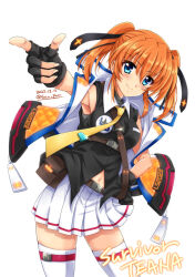 Rule 34 | 1girl, artist name, black gloves, blue eyes, blush, breasts, closed mouth, commentary request, dated, fingerless gloves, gloves, hair ribbon, hand on own hip, highres, large breasts, long hair, looking at viewer, lyrical nanoha, mahou shoujo lyrical nanoha strikers, miniskirt, navel, orange hair, partial commentary, ribbon, san-pon, simple background, skirt, smile, solo, teana lanster, thighhighs, white background, white skirt, white thighhighs