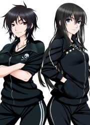 Rule 34 | 2girls, black hair, black shirt, crossed arms, eye contact, isse, long hair, looking at another, multiple girls, red eyes, shirt, short hair, simple background, tagme