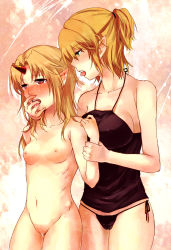 Rule 34 | 2girls, age difference, aged down, blush, breasts, ear licking, face, female focus, finger in another&#039;s mouth, halterneck, highres, holding another&#039;s wrist, horns, hoshiguma yuugi, licking, medium breasts, mizuhashi parsee, multiple girls, nipples, nude, panties, pointy ears, pussy, pussy juice, role reversal, saliva, saliva trail, side-tie panties, single horn, small breasts, tears, tongue, touhou, uncensored, underwear, wet, wet clothes, wet panties, yosaku (roach), yuri