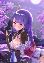 Rule 34 | 1girl, absurdres, alcohol, architecture, blush, bottle, braid, breasts, bridal gauntlets, cherry blossoms, cleavage, closed mouth, commentary request, crying, crying with eyes open, cup, east asian architecture, elsynien, flower, genshin impact, hair ornament, highres, holding, holding cup, japanese clothes, kimono, large breasts, long hair, looking at viewer, mole, mole under eye, moon, night, night sky, obi, obiage, obijime, purple eyes, purple flower, purple hair, raiden shogun, ribbon, sake bottle, sash, sky, solo, tears, wide sleeves