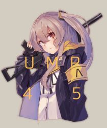 Rule 34 | armband, black jacket, brown hair, character name, crossed bangs, fingerless gloves, girls&#039; frontline, gloves, gun, highres, holding, holding gun, holding weapon, hood, hood down, hooded jacket, jacket, long hair, open clothes, open jacket, personification, ranyu, scar, scar across eye, scar on face, solo, ump45 (girls&#039; frontline), weapon