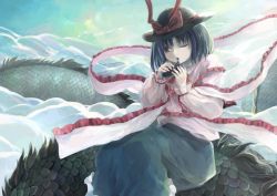 Rule 34 | 1girl, above clouds, bow, capelet, cloud, dragon, hat, hat bow, ichiba youichi, instrument, long sleeves, nagae iku, ocarina, one eye closed, open mouth, purple hair, red eyes, shawl, shirt, sitting, skirt, solo, touhou