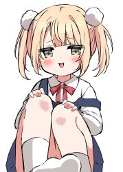 Rule 34 | 1girl, :3, blonde hair, blue dress, blush, bow, bowtie, commentary request, dress, green eyes, hair ornament, hands on own knees, highres, indie virtual youtuber, jitome, kiyo (yamazoe1122), legs, long sleeves, looking at viewer, medium hair, no shoes, pom pom (clothes), pom pom hair ornament, red bow, red bowtie, shigure ui (vtuber), shigure ui (vtuber) (young), shirt, sidelocks, sitting, smile, socks, solo, strap slip, thighs, twintails, white background, white shirt, white socks