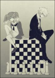 Rule 34 | 1boy, 1girl, aqua eyes, black footwear, black jacket, black pants, blue eyes, board game, chess, chess piece, frown, grey background, hiiragi nana, jacket, looking at another, looking to the side, monochrome, munou na nana, onodera kyouya, own hands together, pants, short hair, sitting, sitting on object, smile, thighhighs, twintails, white thighhighs, yukisa