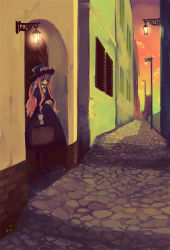 Rule 34 | 1girl, bad id, bad pixiv id, building, hachino, hat, lamppost, light, pink hair, road, solo, street, suitcase, sunset